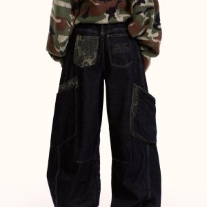 American Retro Leopard Print Spliced Curved Knife Denim Pants Unisex Hip-Hop Loose Wide-Leg Trousers