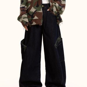 American Retro Leopard Print Spliced Curved Knife Denim Pants Unisex Hip-Hop Loose Wide-Leg Trousers