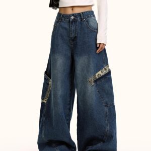 American Retro Leopard Print Spliced Curved Knife Denim Pants Unisex Hip-Hop Loose Wide-Leg Trousers