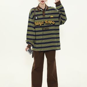American Retro Letter Embroidery Color-Block Striped Long-Sleeve Polo Shirt for Women - Loose Fit Spring Pullover Top