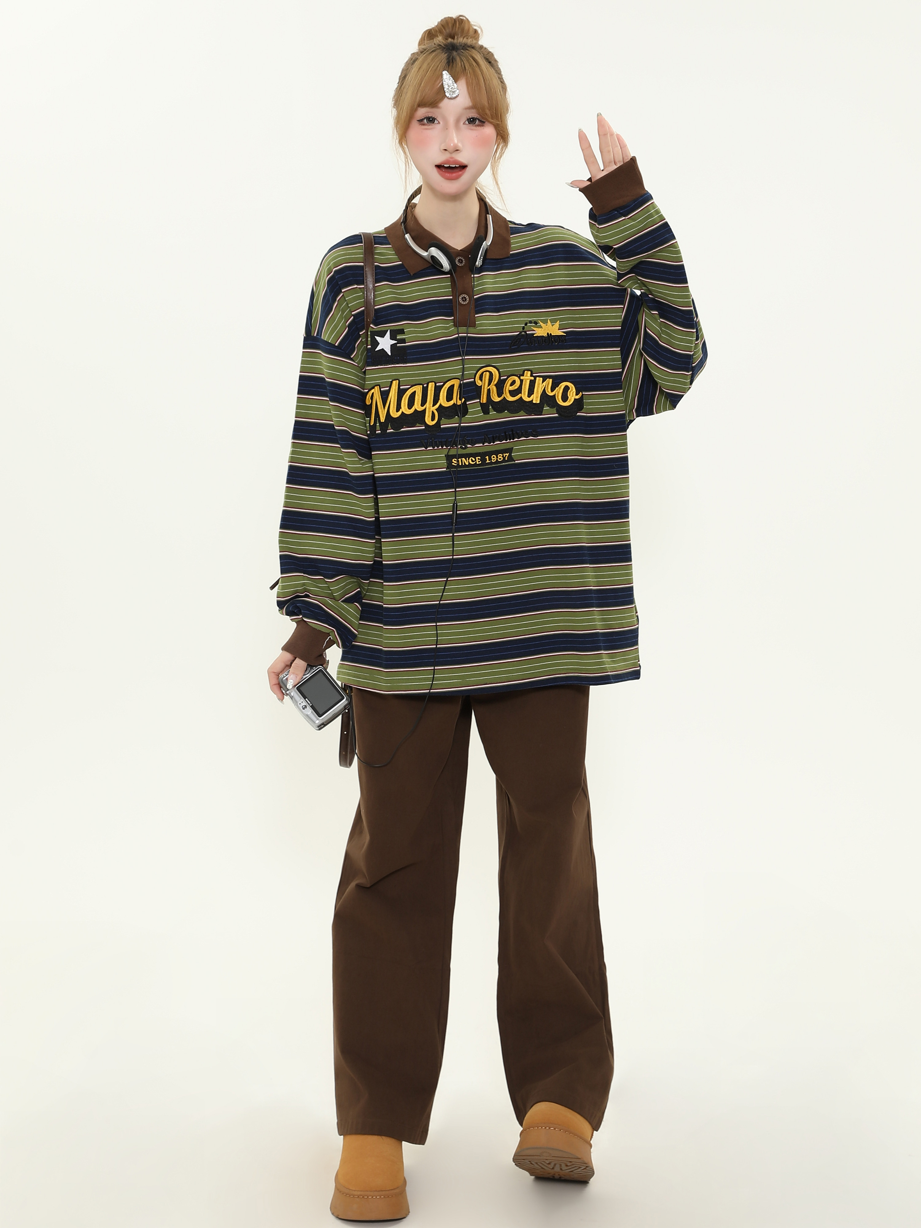 American Retro Letter Embroidery Color-Block Striped Long-Sleeve Polo Shirt for Women - Loose Fit Spring Pullover Top