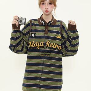 American Retro Letter Embroidery Color-Block Striped Long-Sleeve Polo Shirt for Women - Loose Fit Spring Pullover Top