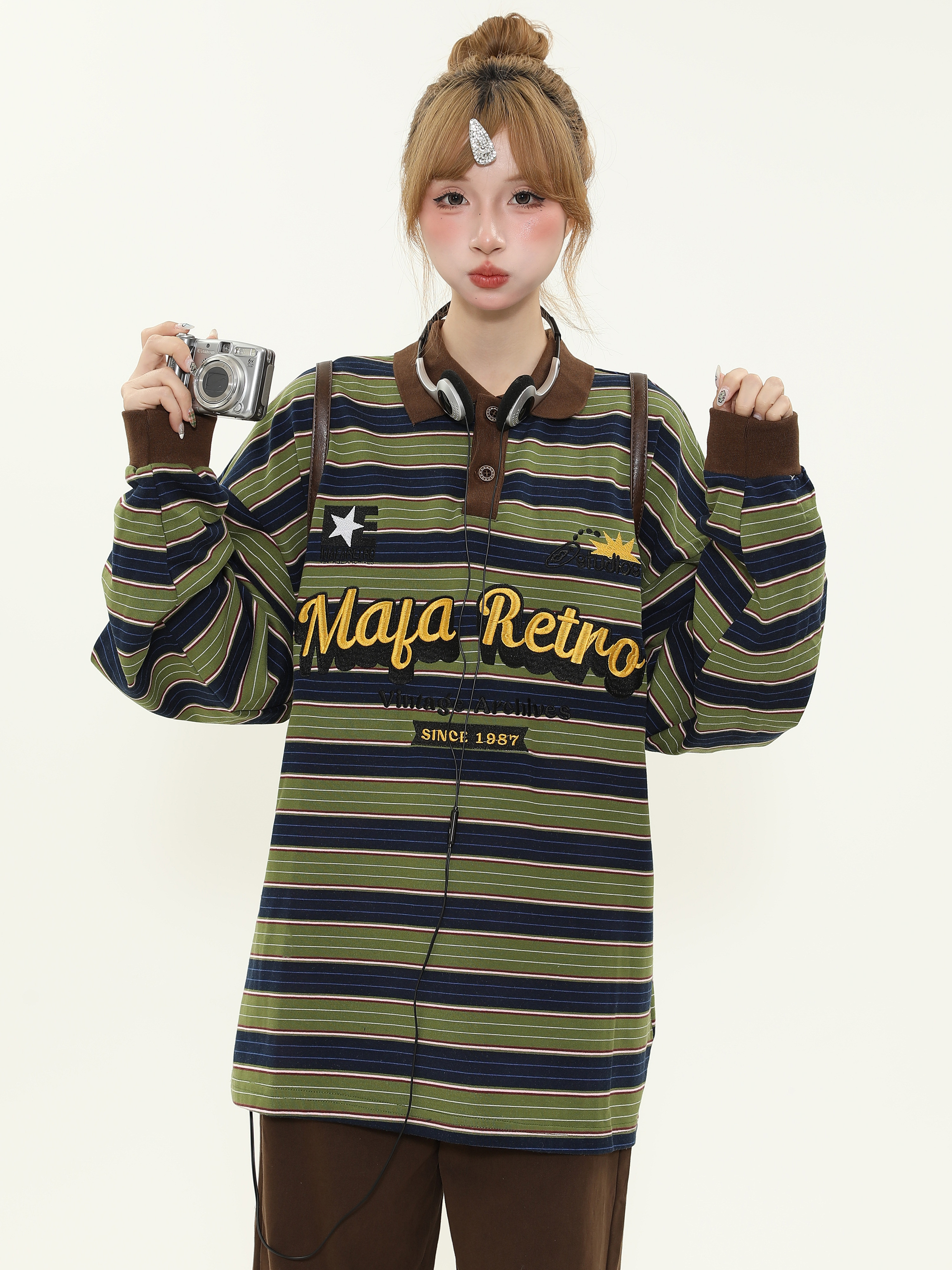 American Retro Letter Embroidery Color-Block Striped Long-Sleeve Polo Shirt for Women - Loose Fit Spring Pullover Top
