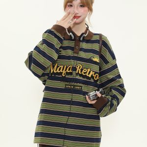 American Retro Letter Embroidery Color-Block Striped Long-Sleeve Polo Shirt for Women - Loose Fit Spring Pullover Top