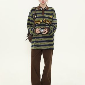 American Retro Letter Embroidery Color-Block Striped Long-Sleeve Polo Shirt for Women - Loose Fit Spring Pullover Top