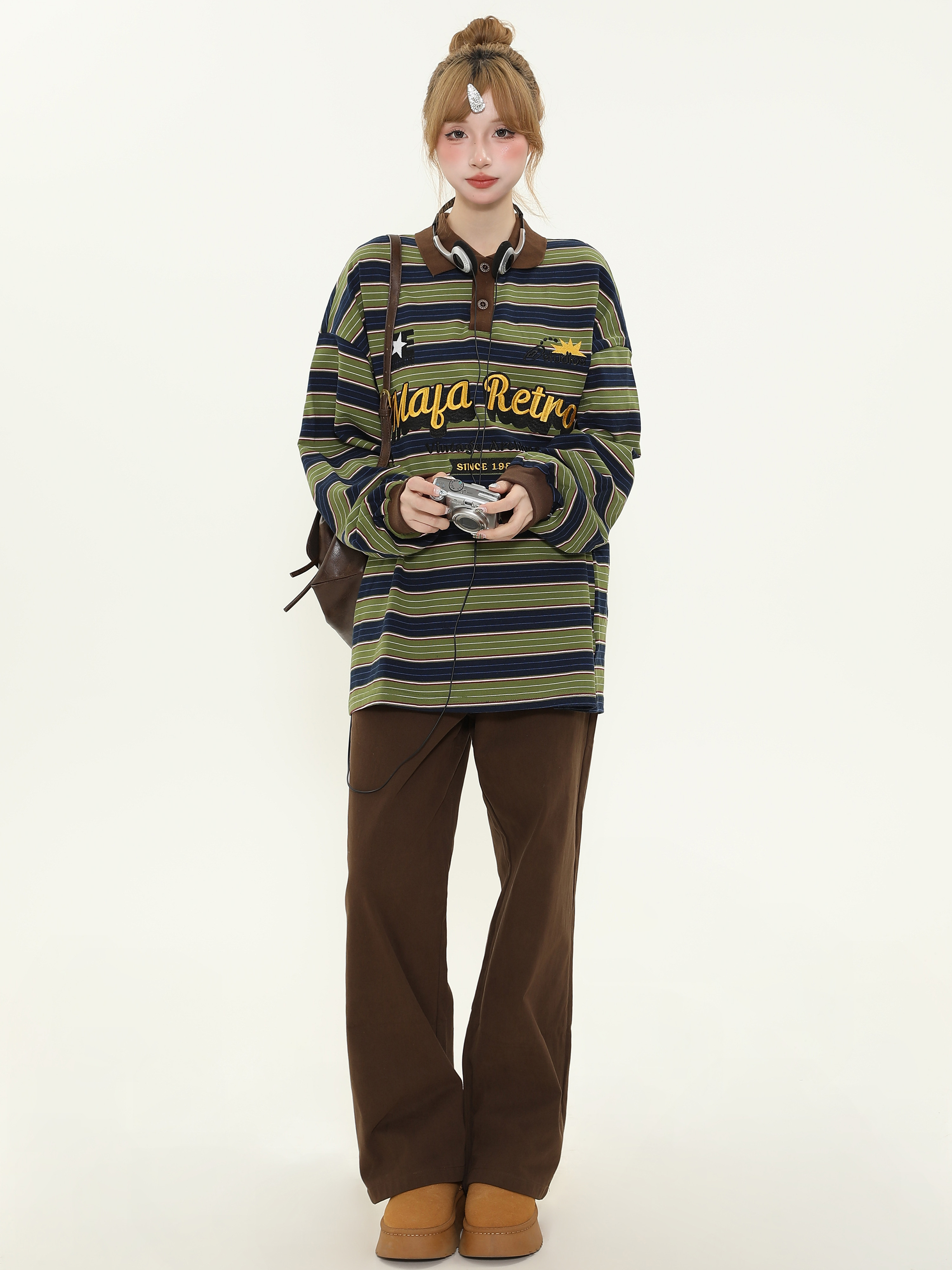 American Retro Letter Embroidery Color-Block Striped Long-Sleeve Polo Shirt for Women - Loose Fit Spring Pullover Top