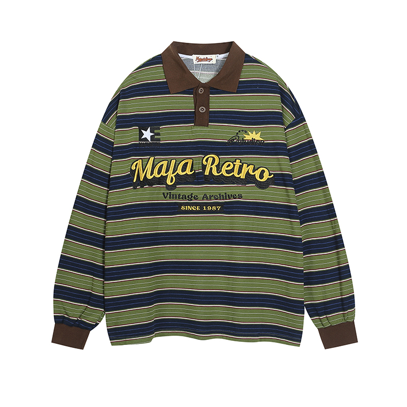 American Retro Letter Embroidery Color-Block Striped Long-Sleeve Polo Shirt for Women - Loose Fit Spring Pullover Top