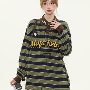 American Retro Letter Embroidery Color-Block Striped Long-Sleeve Polo Shirt for Women - Loose Fit Spring Pullover Top