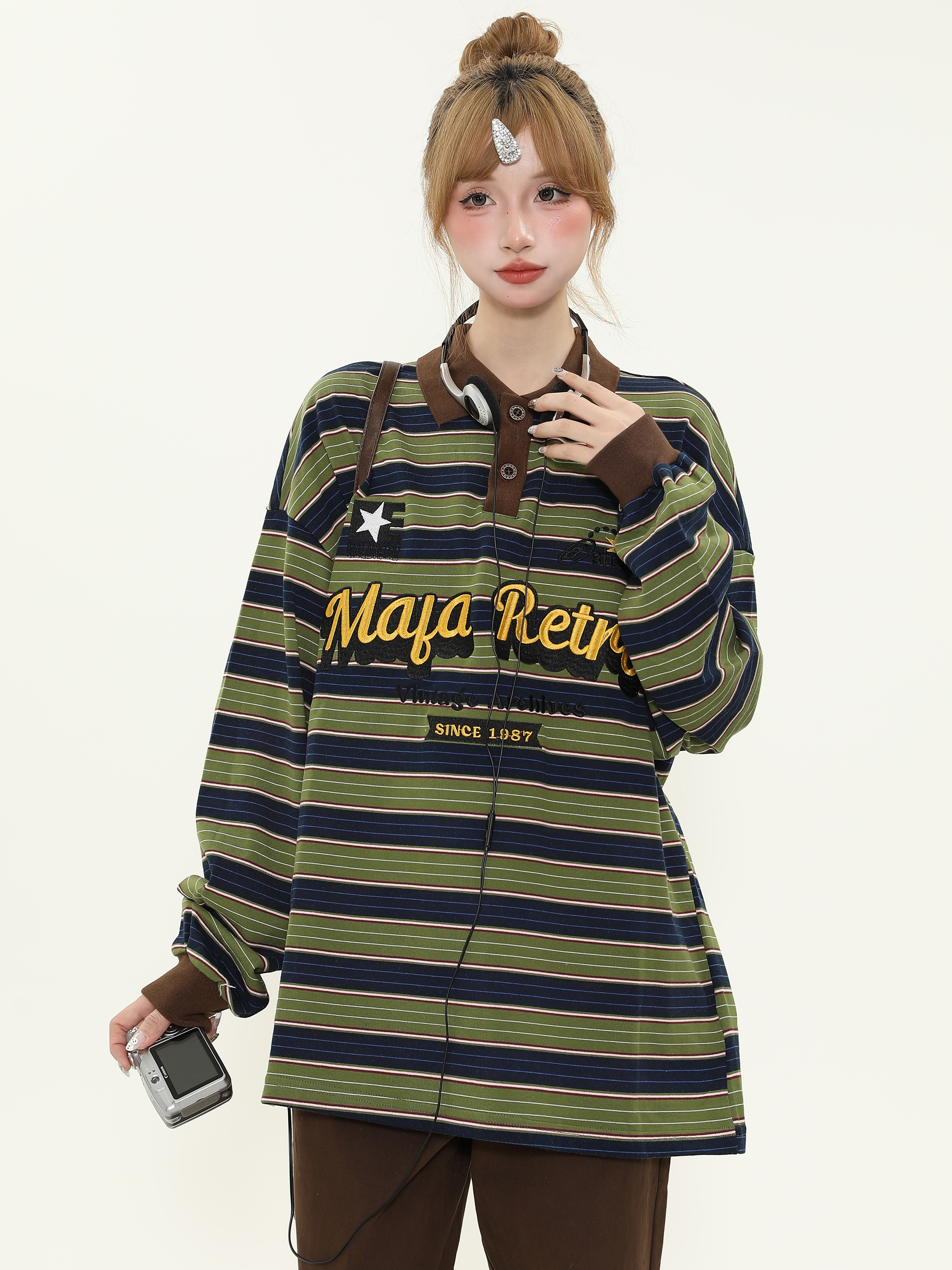 American Retro Letter Embroidery Color-Block Striped Long-Sleeve Polo Shirt for Women - Loose Fit Spring Pullover Top