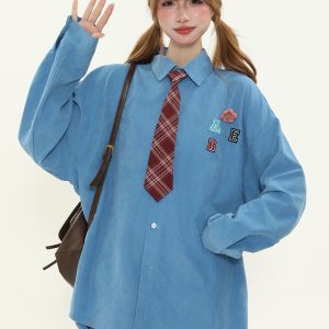 American Retro Letter Patch Embroidered Long Sleeve Shirt for Men & Women - Loose Versatile Couple's Shirt with Tie