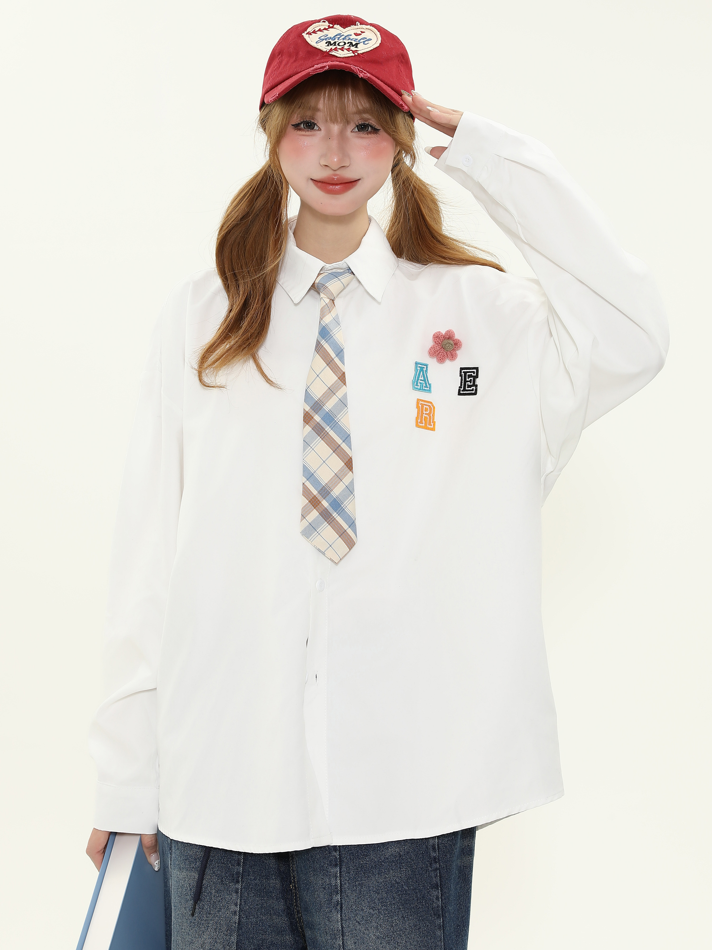 American Retro Letter Patch Embroidered Long Sleeve Shirt for Men & Women - Loose Versatile Couple's Shirt with Tie