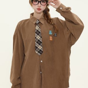 American Retro Letter Patch Embroidered Long Sleeve Shirt for Men & Women - Loose Versatile Couple's Shirt with Tie
