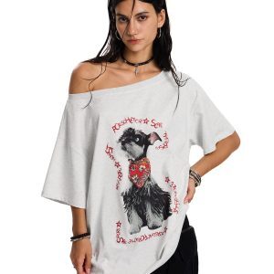 American Retro Off-Shoulder Asymmetrical T-Shirt for Small Dogs - Summer Loose Fit Slanted Shoulder Top with Short Sleeves
