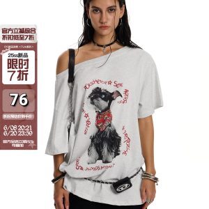 American Retro Off-Shoulder Asymmetrical T-Shirt for Small Dogs - Summer Loose Fit Slanted Shoulder Top with Short Sleeves