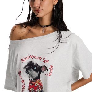 American Retro Off-Shoulder Asymmetrical T-Shirt for Small Dogs - Summer Loose Fit Slanted Shoulder Top with Short Sleeves