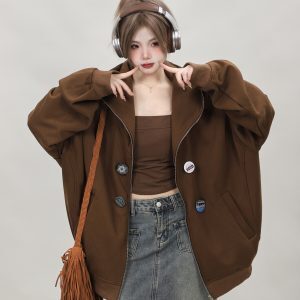 American Retro Oversized High-Neck Zip-Up Cardigan Sweatshirt for Women - Trendy Spring Autumn Hoodie Top 2025
