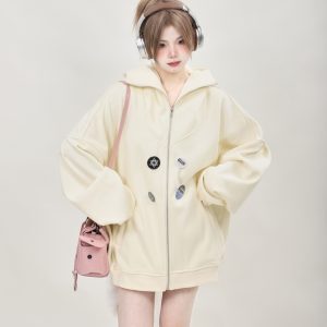 American Retro Oversized High-Neck Zip-Up Cardigan Sweatshirt for Women - Trendy Spring Autumn Hoodie Top 2025