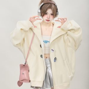 American Retro Oversized High-Neck Zip-Up Cardigan Sweatshirt for Women - Trendy Spring Autumn Hoodie Top 2025
