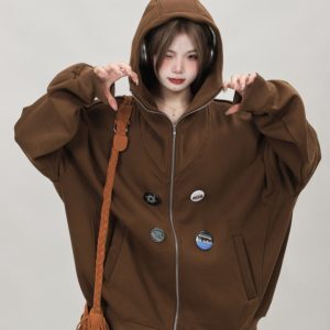 American Retro Oversized High-Neck Zip-Up Cardigan Sweatshirt for Women - Trendy Spring Autumn Hoodie Top 2025