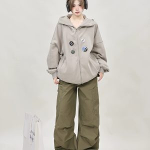American Retro Oversized High-Neck Zip-Up Cardigan Sweatshirt for Women - Trendy Spring Autumn Hoodie Top 2025