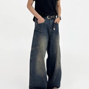 American Retro Patchwork Curved Blade Silhouette Jeans, Unisex Korean Style Mid-Rise Wide-Leg Pants