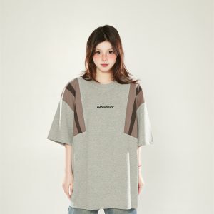 American Retro Patchwork Gray Round Neck Short Sleeve T-Shirt for Women - Trendy Loose Summer Top 2025