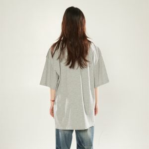 American Retro Patchwork Gray Round Neck Short Sleeve T-Shirt for Women - Trendy Loose Summer Top 2025