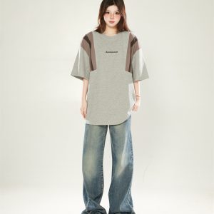American Retro Patchwork Gray Round Neck Short Sleeve T-Shirt for Women - Trendy Loose Summer Top 2025