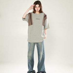 American Retro Patchwork Gray Round Neck Short Sleeve T-Shirt for Women - Trendy Loose Summer Top 2025