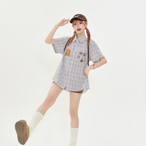 American Retro Plaid Dog Embroidery Short Sleeve Shirt for Men and Women, Versatile Loose-Fit College Style Top