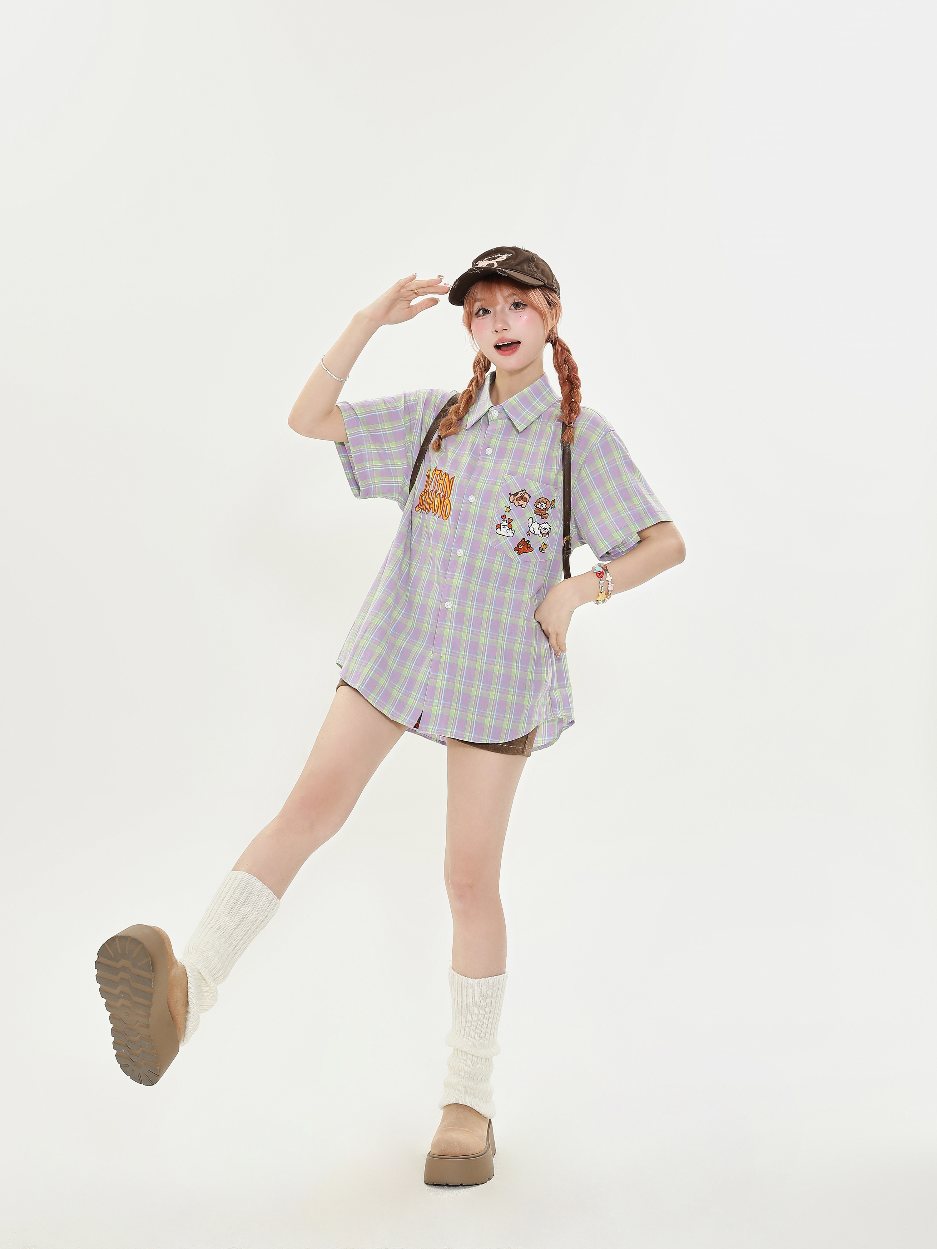 American Retro Plaid Dog Embroidery Short Sleeve Shirt for Men and Women, Versatile Loose-Fit College Style Top