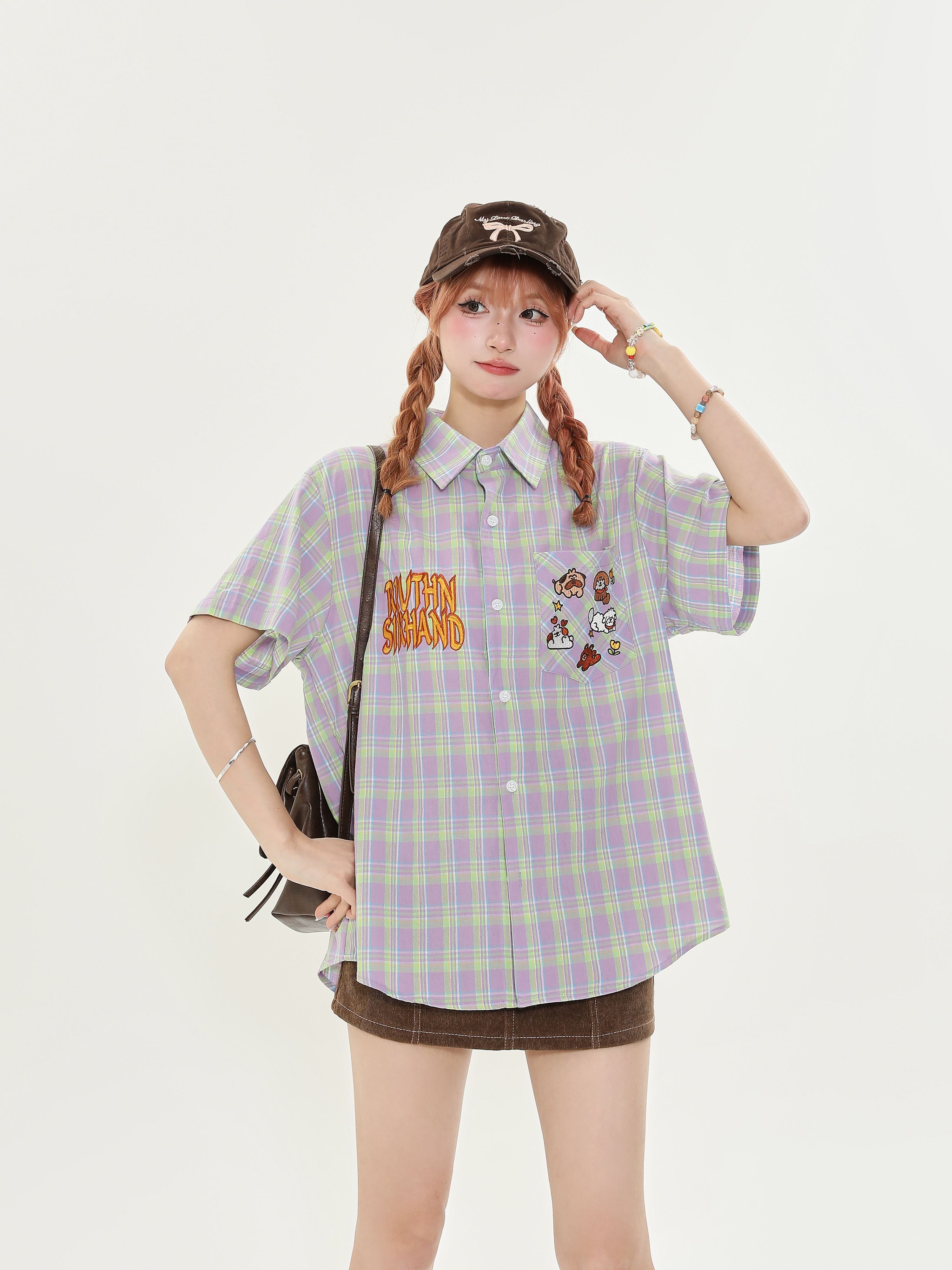 American Retro Plaid Dog Embroidery Short Sleeve Shirt for Men and Women, Versatile Loose-Fit College Style Top