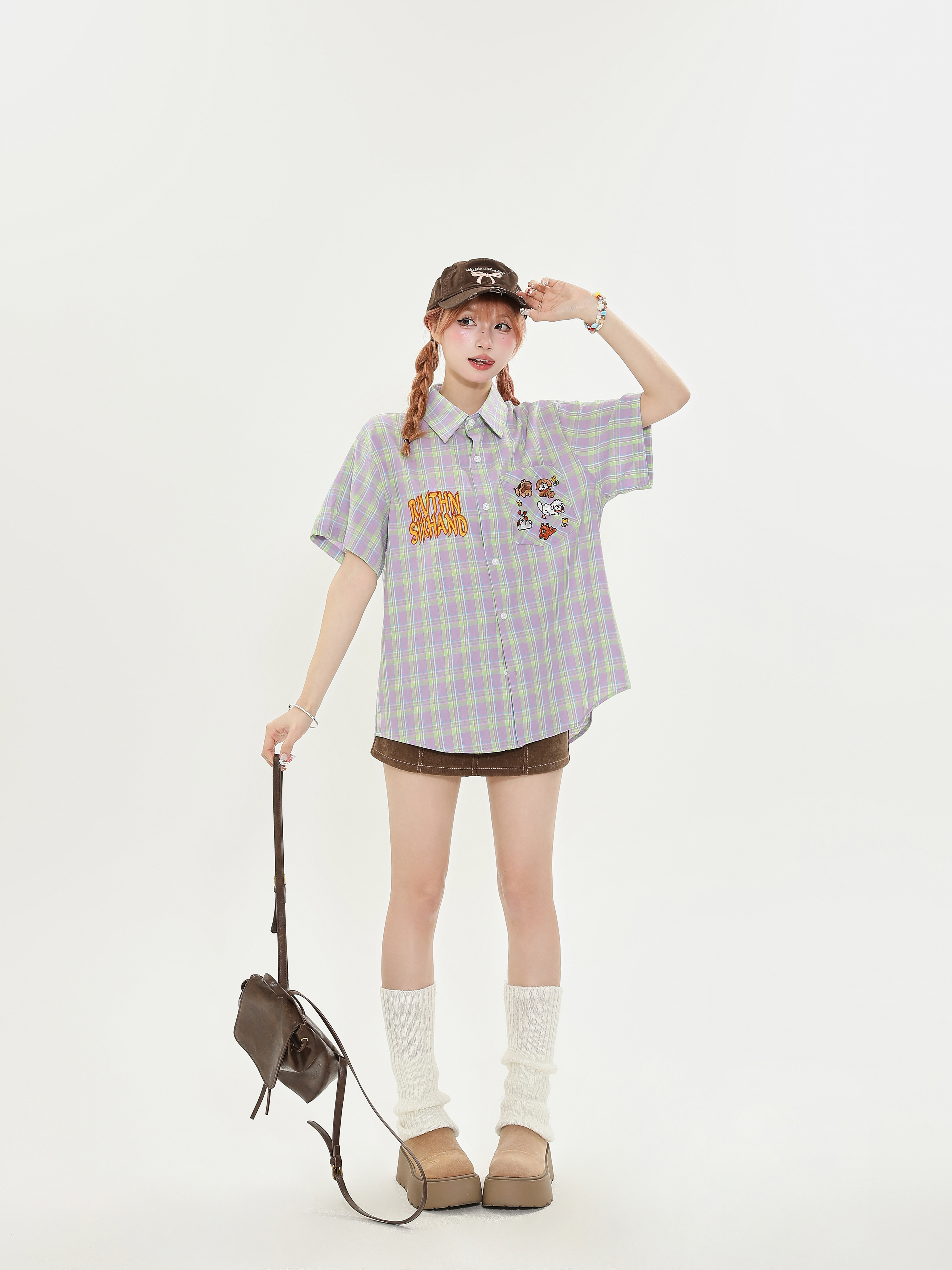American Retro Plaid Dog Embroidery Short Sleeve Shirt for Men and Women, Versatile Loose-Fit College Style Top