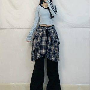 American Retro Plaid Wide-Leg Jazz Dance Pants for Women - Spliced Hip-Hop Design, Loose Fit, Trendy 90s Style