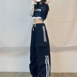 American Retro Side Stripe Cargo Pants - Three-Stripe Tapered Jazz Dance Pants for 90s Y2K Style
