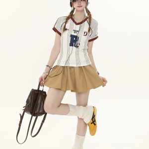 American Retro Slim-Fit Striped Sports Jersey Short-Sleeve T-Shirt for Women - Summer 90s Style