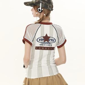 American Retro Slim-Fit Striped Sports Jersey Short-Sleeve T-Shirt for Women - Summer 90s Style