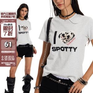 American Retro Small Dog Print Short Sleeve T-Shirt for Men and Women, Summer Loose Fit Slimming Top, Trendy Casual Style