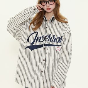 American Retro Sports Style Letter Embroidery Long Sleeve Shirt for Men and Women, Loose Fit Couple Jacket, Y2K Fashion