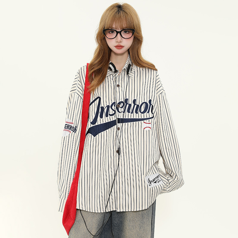 American Retro Sports Style Letter Embroidery Long Sleeve Shirt for Men and Women, Loose Fit Couple Jacket, Y2K Fashion