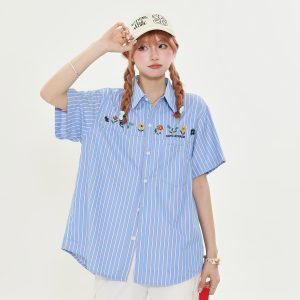 American Retro Striped Embroidered Short Sleeve Shirt for Women - Summer Loose Casual Slimming Versatile Blouse