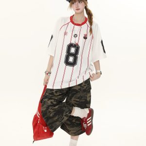 American Retro Striped Raglan Short Sleeve T-Shirt for Women - Summer Loose Casual Top, Vintage Style