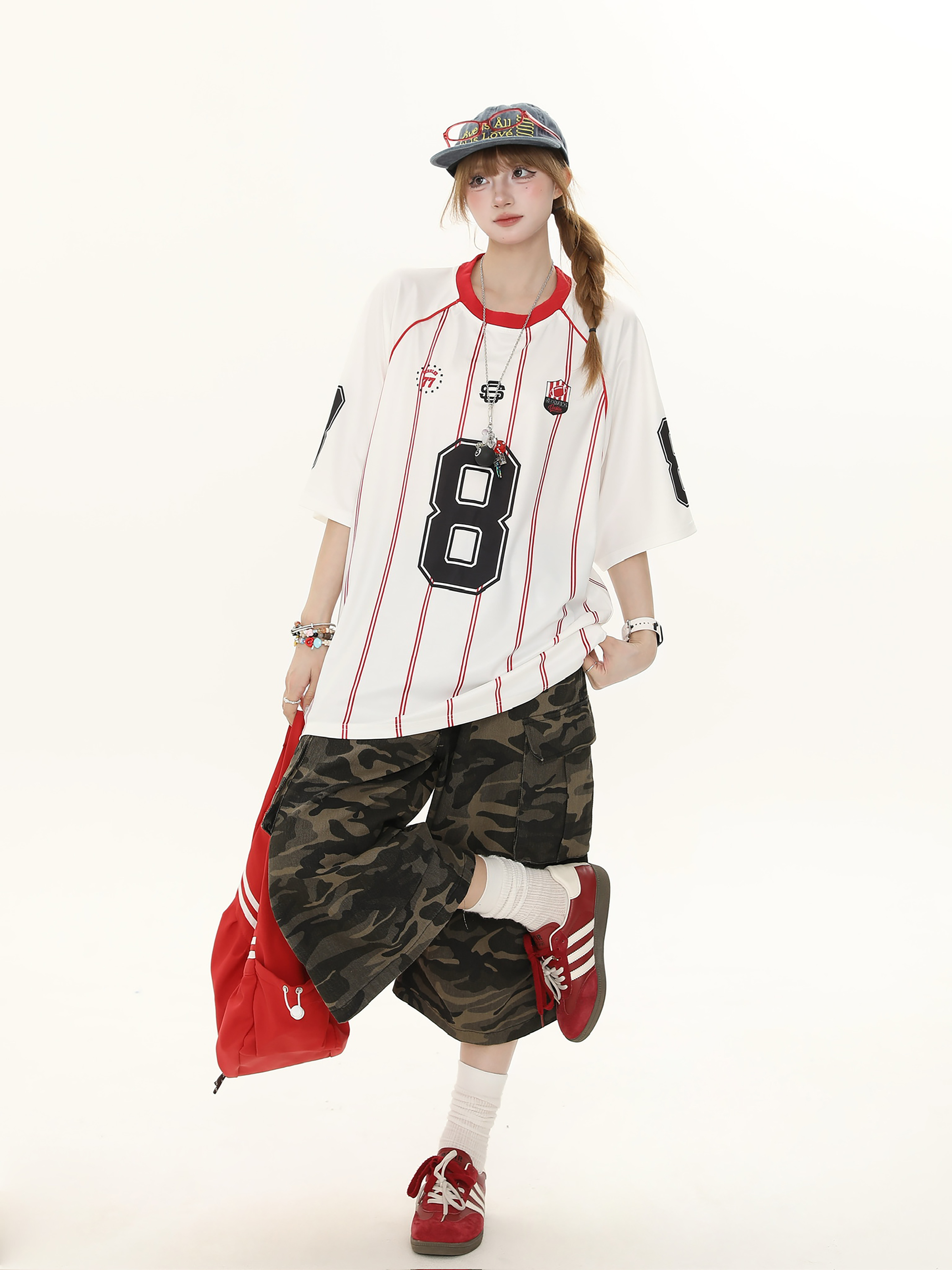 American Retro Striped Raglan Short Sleeve T-Shirt for Women - Summer Loose Casual Top, Vintage Style
