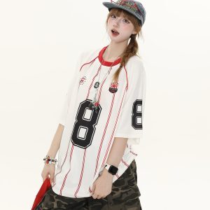 American Retro Striped Raglan Short Sleeve T-Shirt for Women - Summer Loose Casual Top, Vintage Style