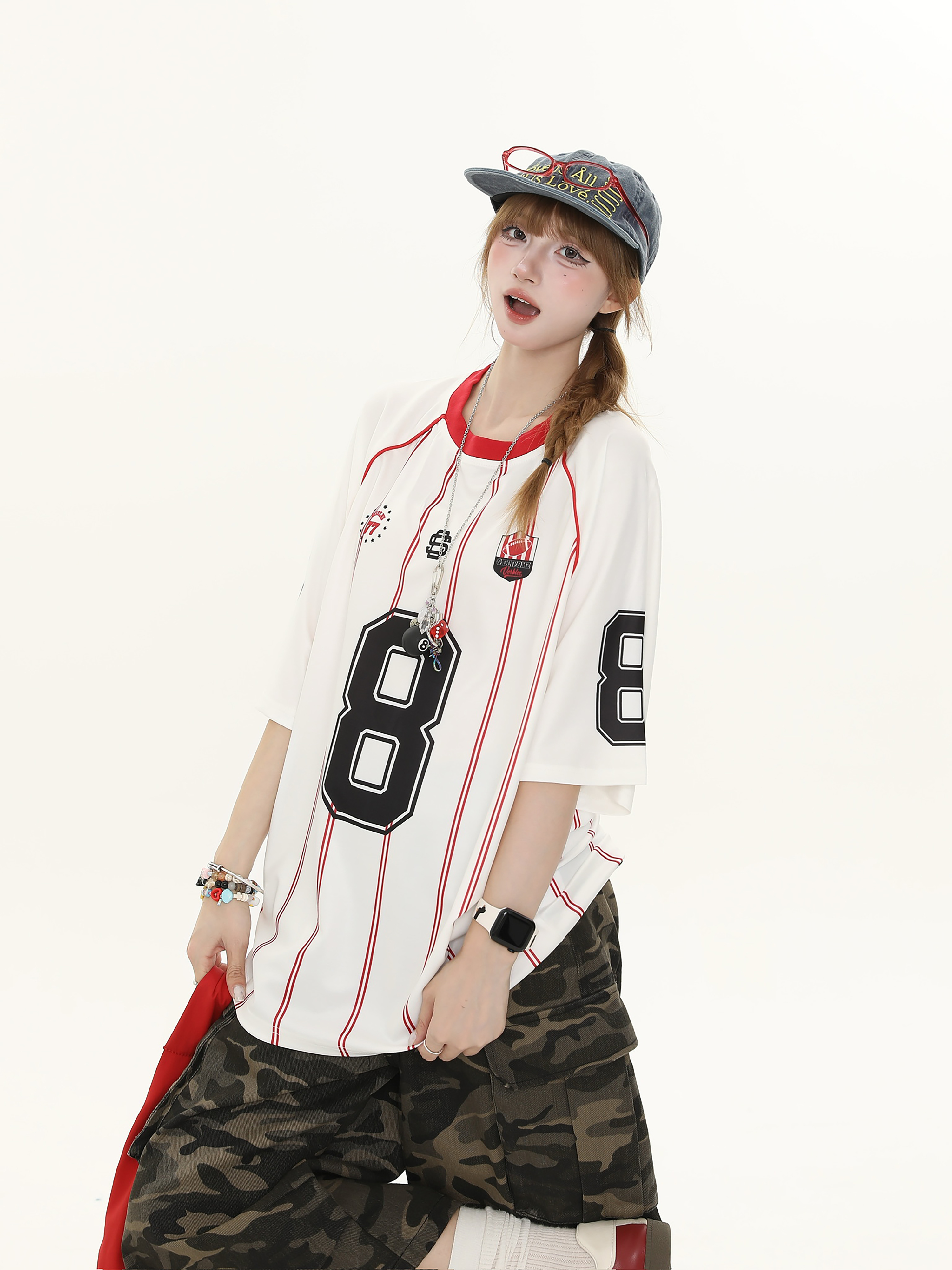 American Retro Striped Raglan Short Sleeve T-Shirt for Women - Summer Loose Casual Top, Vintage Style