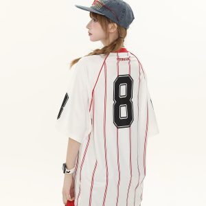 American Retro Striped Raglan Short Sleeve T-Shirt for Women - Summer Loose Casual Top, Vintage Style