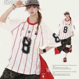 American Retro Striped Raglan Short Sleeve T-Shirt for Women - Summer Loose Casual Top, Vintage Style
