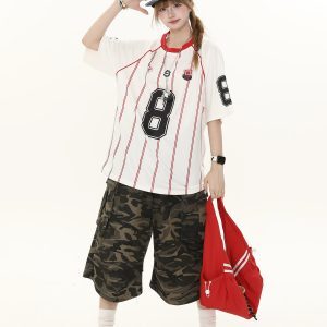 American Retro Striped Raglan Short Sleeve T-Shirt for Women - Summer Loose Casual Top, Vintage Style