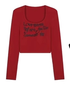 American Retro Wine Red Letter Print Long Sleeve T-Shirt - Women's Jazz Dance INS Style Short Top