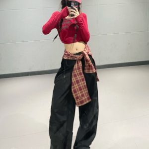 American Retro Wine Red Letter Print Long Sleeve T-Shirt - Women's Jazz Dance INS Style Short Top